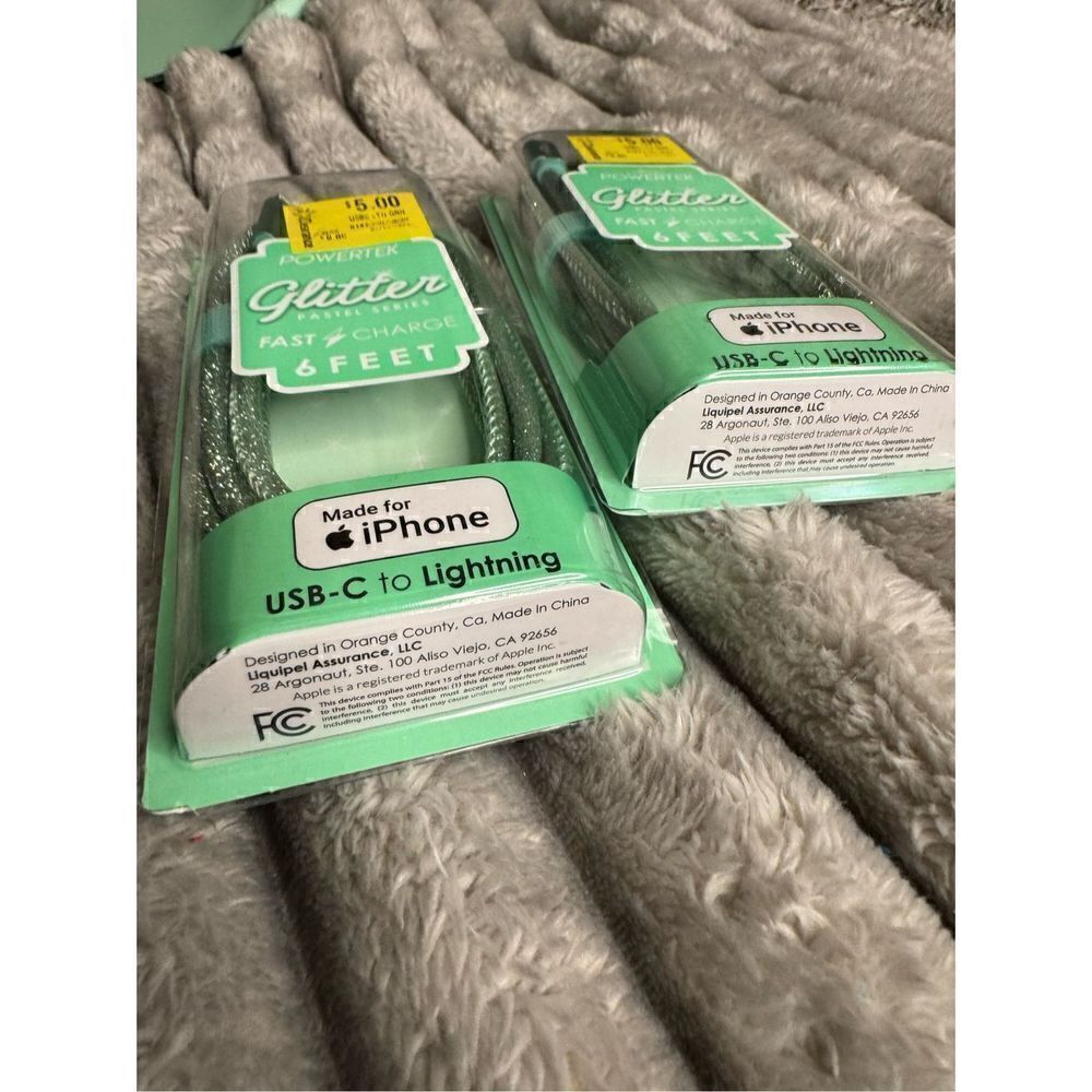 Mint green glitter iphone usb c to lightning fast charge cable x2 nib powertek